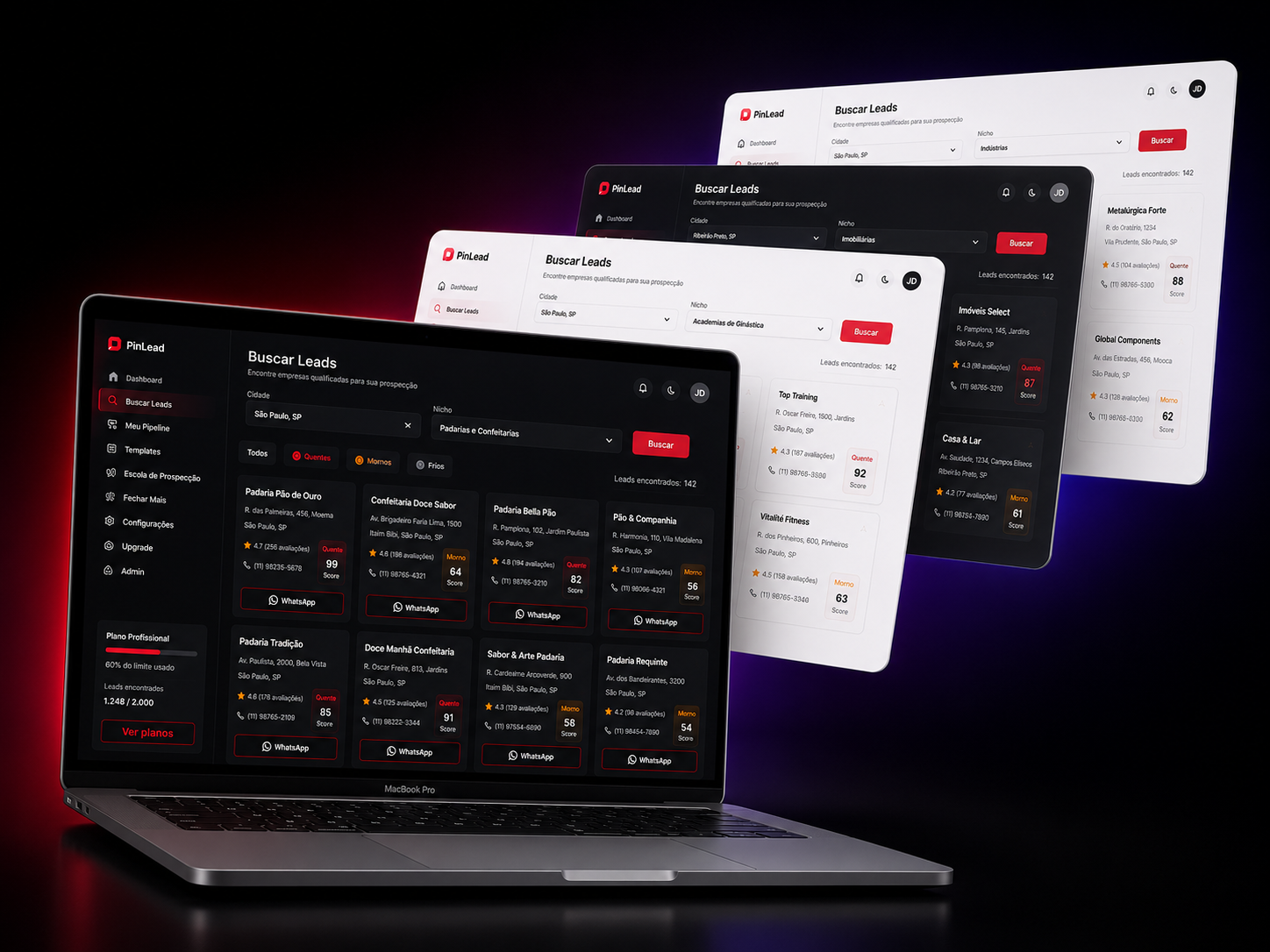 Telas do PinLead exibindo busca de leads em modo claro e escuro